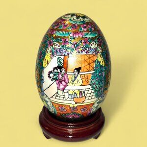 Vintage Satsuma Style Asian Hand Painted Porcelain Egg W/ Stand Gold Floral 5”
